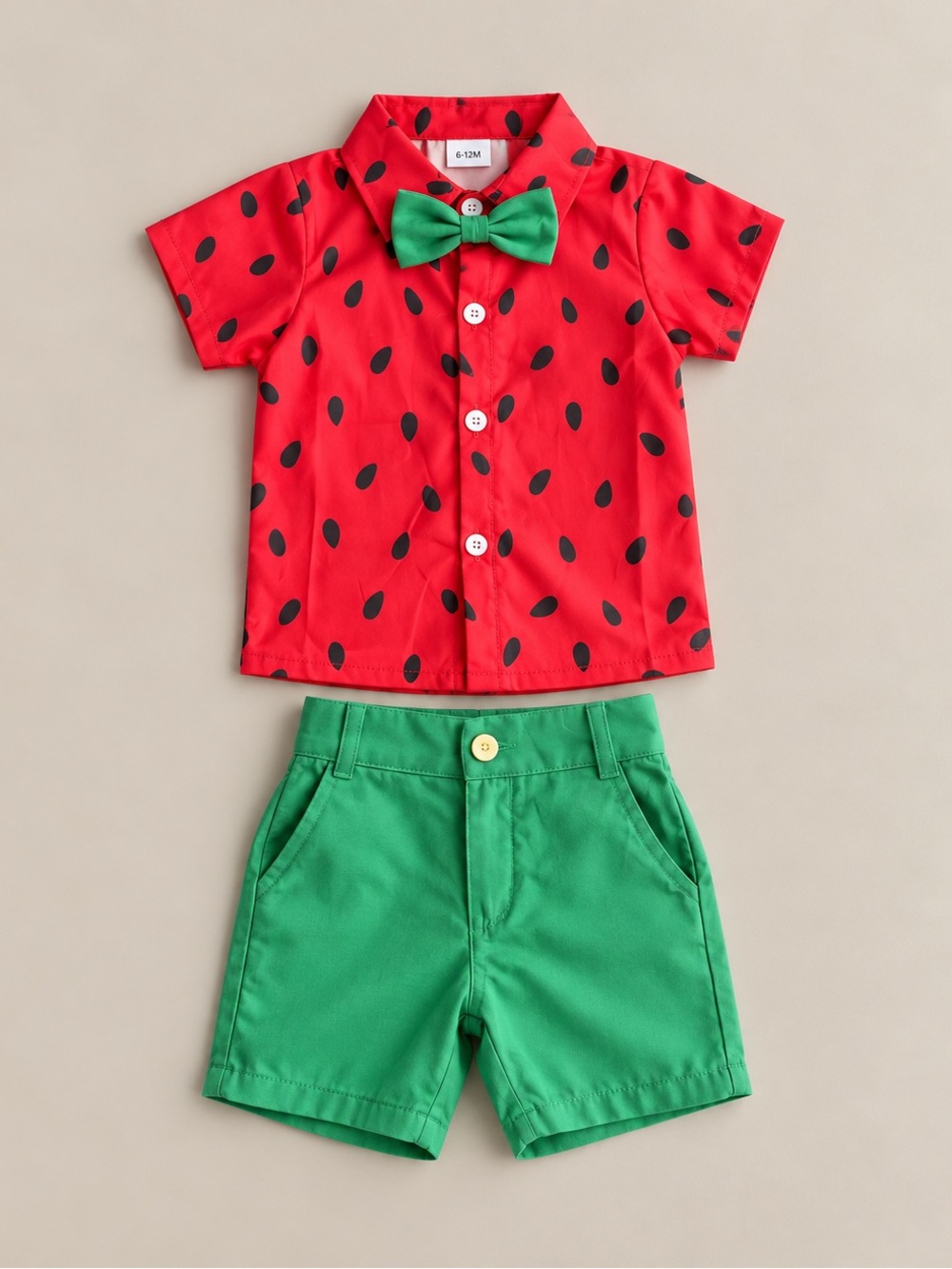 Kids Watermelon Print Shirt & Green Shorts Set - Red & Green